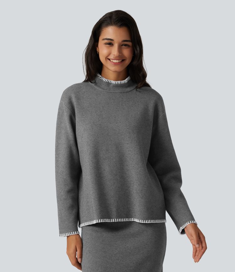 Stand Collar Long Sleeve Crochet Work Sweater Stand Collar Long Sleeve Crochet Work Sweater
