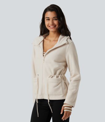 Hooded Drawstring Long Sleeve Casual Sherpa Jacket with Pockets Hooded Drawstring Long Sleeve Casual Sherpa Jacket with Pockets