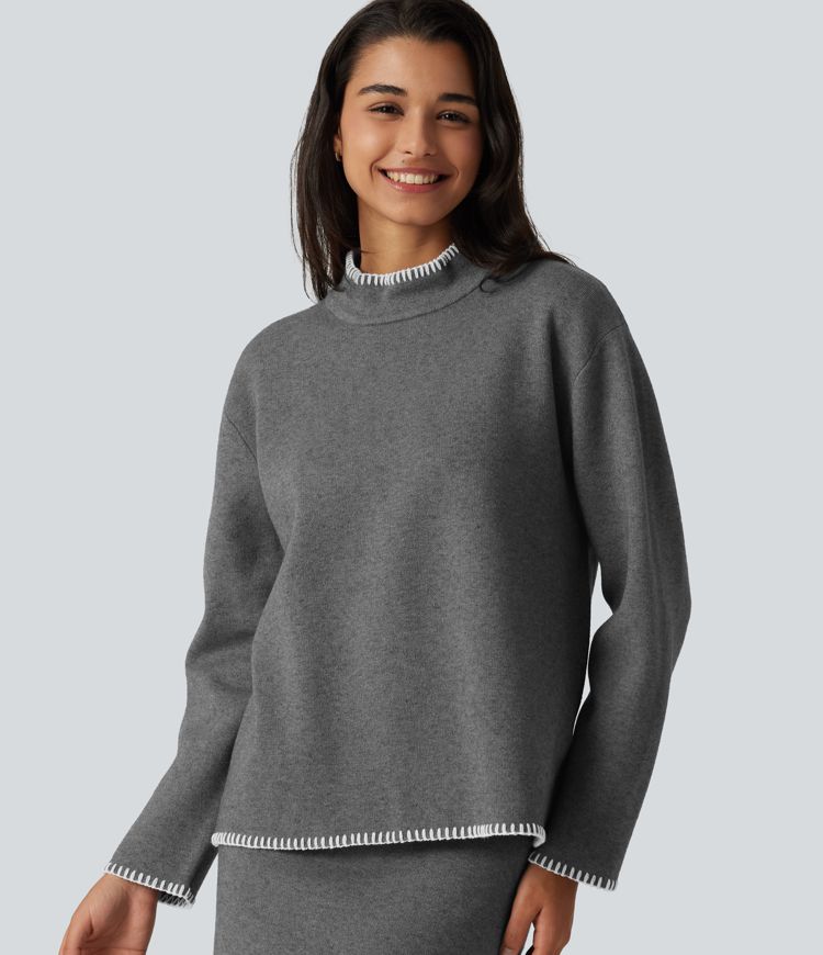 Stand Collar Long Sleeve Crochet Work Sweater Stand Collar Long Sleeve Crochet Work Sweater