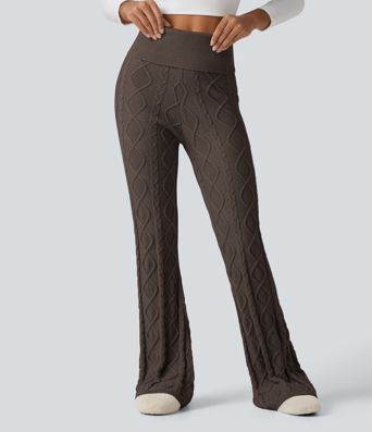 Pantalon de détente en maille bootcut taille haute à taille rabattable Pantalon de détente en maille bootcut taille haute à taille rabattable