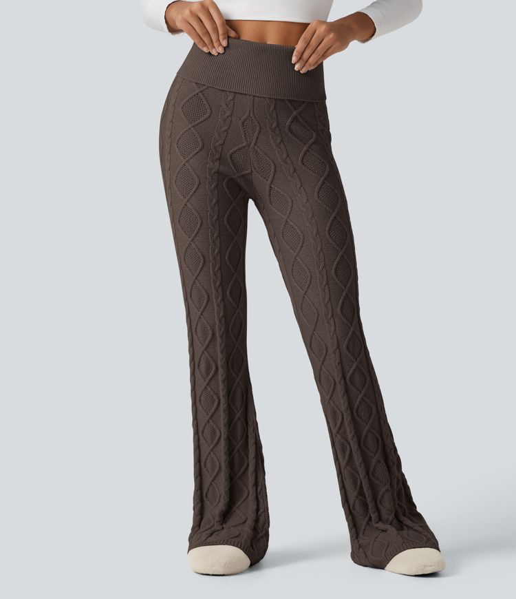 Pantalon de détente en maille bootcut taille haute à taille rabattable Pantalon de détente en maille bootcut taille haute à taille rabattable