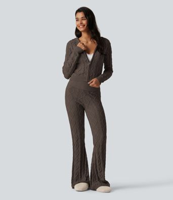 Pantalon de détente en maille bootcut taille haute à taille rabattable Pantalon de détente en maille bootcut taille haute à taille rabattable