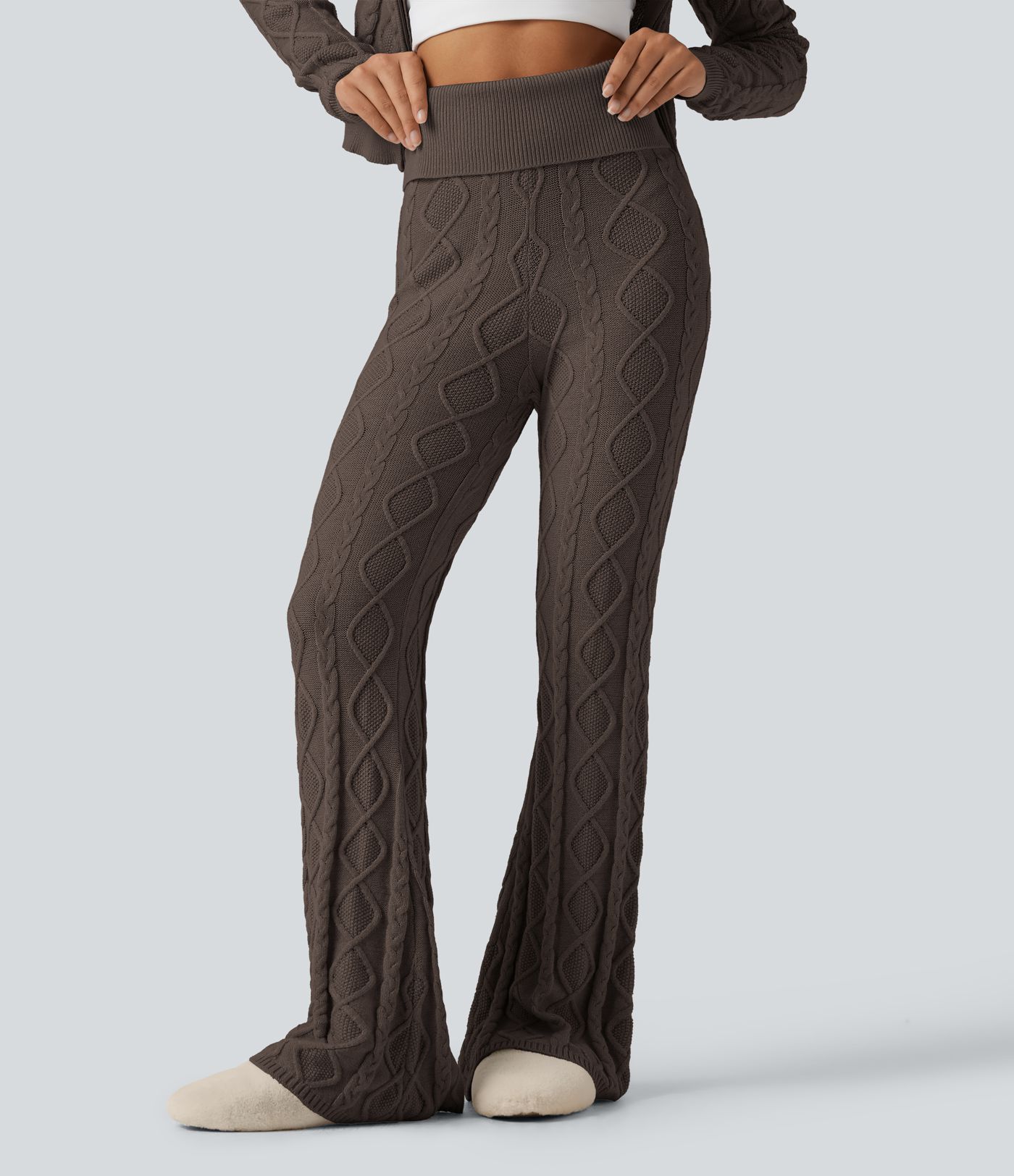 Pantalon de détente en maille bootcut taille haute à taille rabattable Pantalon de détente en maille bootcut taille haute à taille rabattable