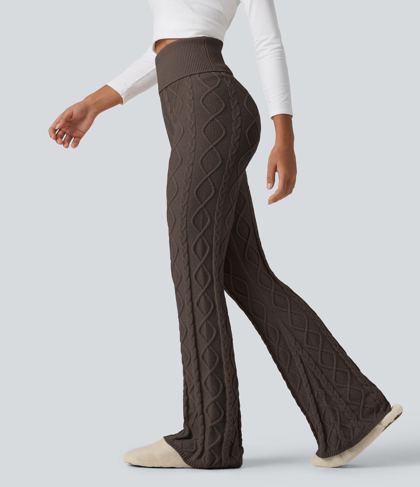 Pantalon de détente en maille bootcut taille haute à taille rabattable Pantalon de détente en maille bootcut taille haute à taille rabattable
