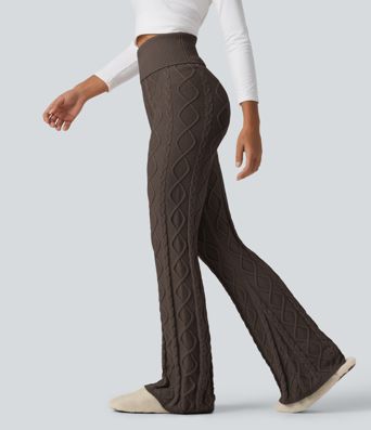 Pantalon de détente en maille bootcut taille haute à taille rabattable Pantalon de détente en maille bootcut taille haute à taille rabattable