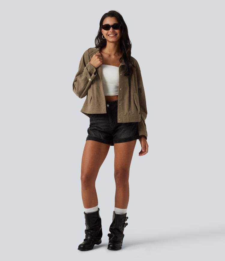 Chemise-veste décontractée en velours côtelé à manches longues avec poches Chemise-veste décontractée en velours côtelé à manches longues avec poches