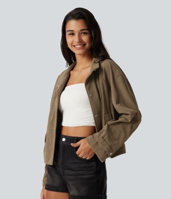 Chemise-veste décontractée en velours côtelé à manches longues avec poches Chemise-veste décontractée en velours côtelé à manches longues avec poches