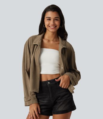 Chemise-veste décontractée en velours côtelé à manches longues avec poches Chemise-veste décontractée en velours côtelé à manches longues avec poches