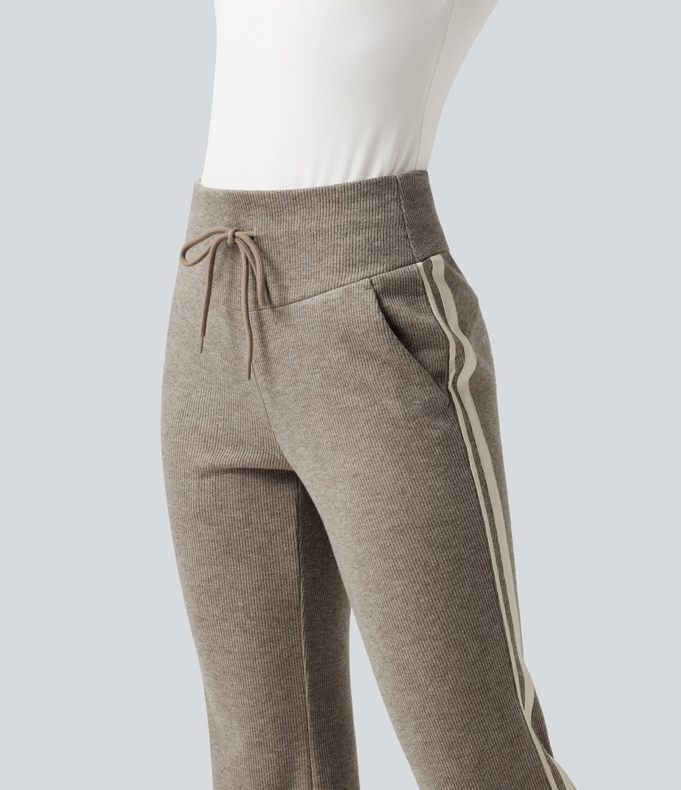 Ribbed High Waisted Tummy Control Drawstring Side Stripe Flare Casual Pants with Pockets
