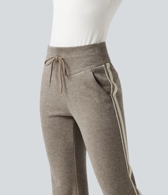 Ribbed High Waisted Tummy Control Drawstring Side Stripe Flare Casual Pants with Pockets