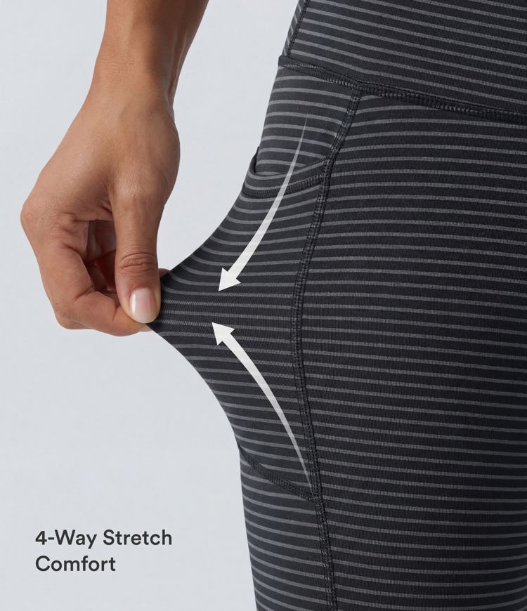 High Waisted Drawstring Striped Yoga Leggings with Pockets