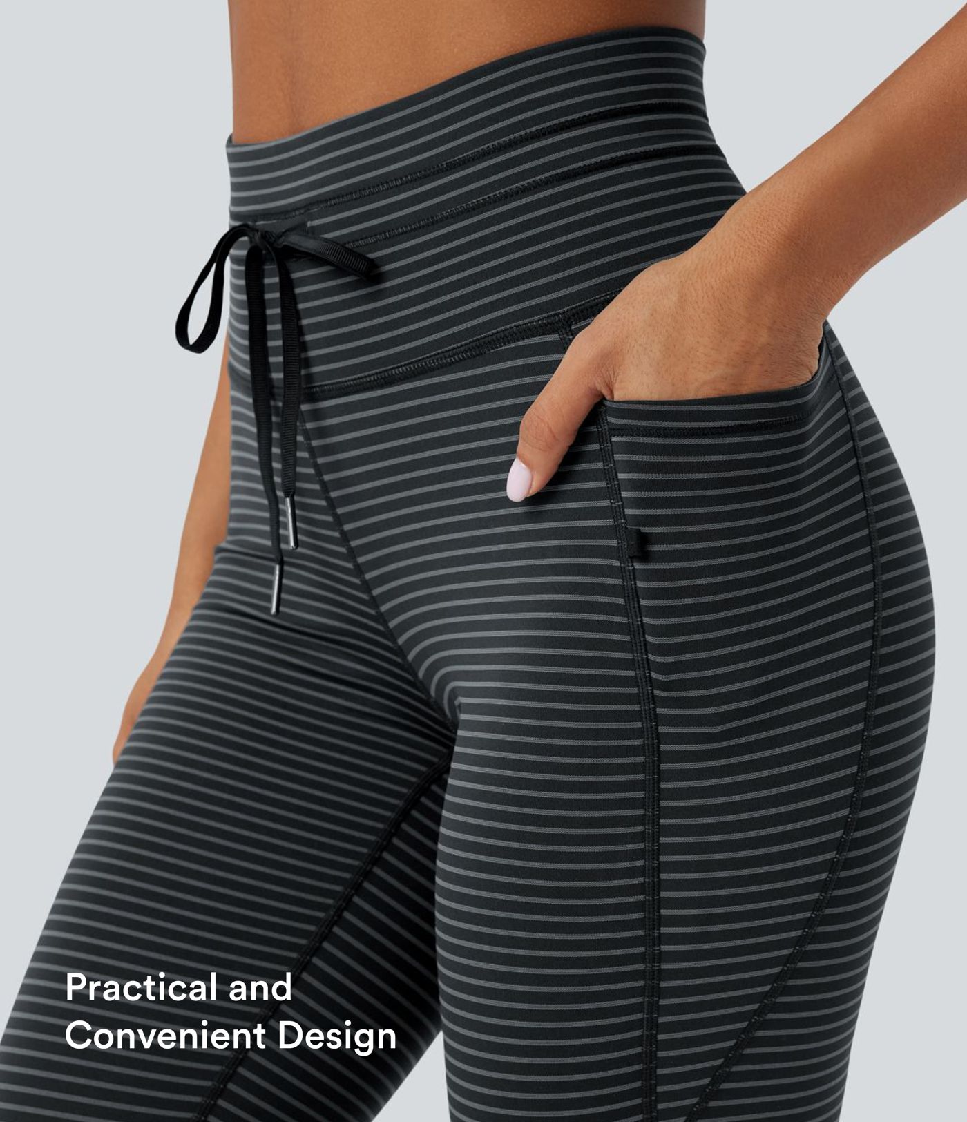 High Waisted Drawstring Striped Yoga Leggings with Pockets