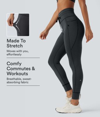 High Waisted Drawstring Striped Yoga Leggings with Pockets