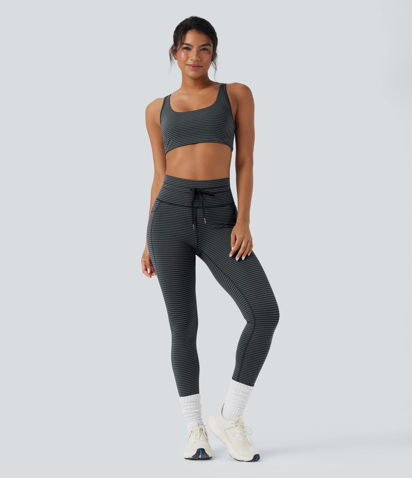 High Waisted Drawstring Striped Yoga Leggings with Pockets