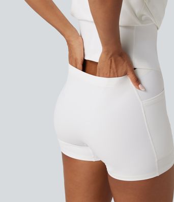 Robe-short de yoga mini SoftlyZero™ Plush accès facile Easy Peasy à col V avec coussinets amovibles, dentelle contrastée et poches