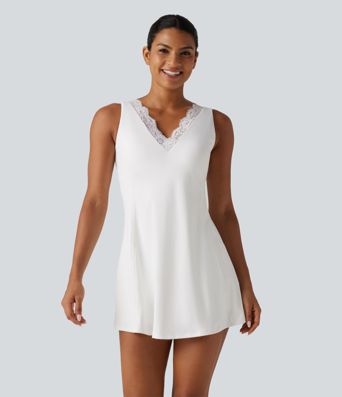 SoftlyZero™ Plush V Neck Built-in Bra Contrast Lace 2-in-1 Mini Yoga Active Dress with Pockets-Easy Peezy Edition SoftlyZero™ Plush V Neck Built-in Bra Contrast Lace 2-in-1 Mini Yoga Active Dress with Pockets-Easy Peezy Edition