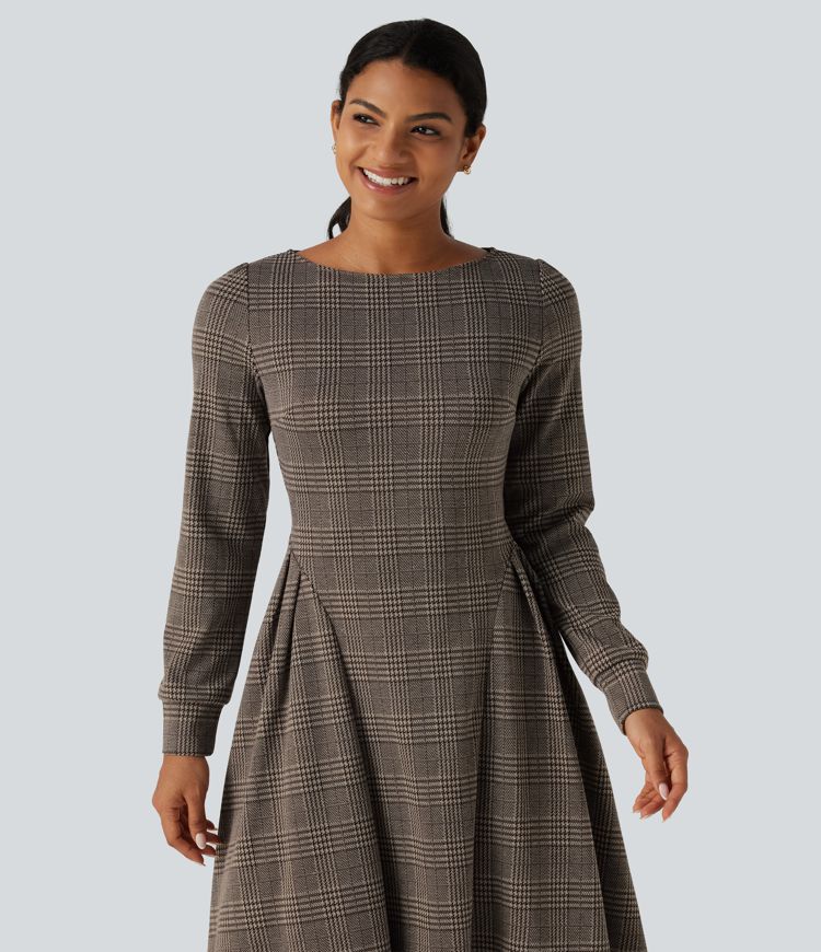 Ausgestelltes Büro-Midikleid mit U-Boot-Ausschnitt, langen Ärmeln und Karomuster