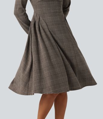 Ausgestelltes Büro-Midikleid mit U-Boot-Ausschnitt, langen Ärmeln und Karomuster