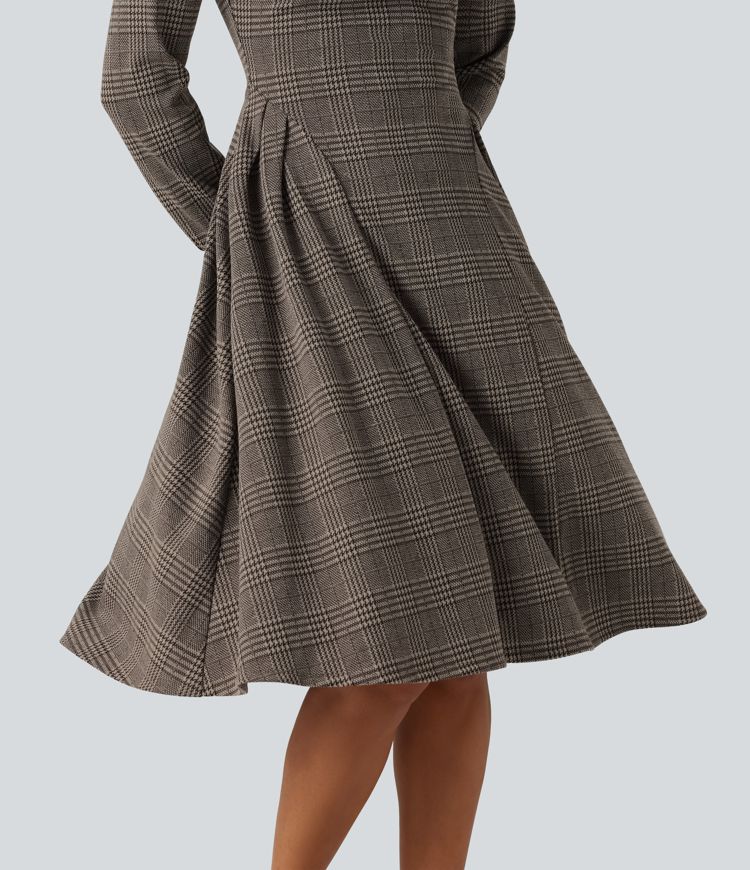 Ausgestelltes Büro-Midikleid mit U-Boot-Ausschnitt, langen Ärmeln und Karomuster