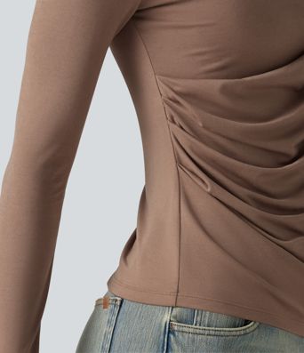 One Shoulder Long Sleeve Ruched Asymmetric Back Casual T-Shirt One Shoulder Long Sleeve Ruched Asymmetric Back Casual T-Shirt