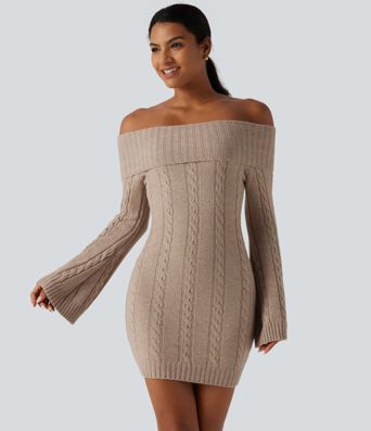 Off Shoulder Bell Long Sleeve Bodycon Mini Casual Sweater Dress