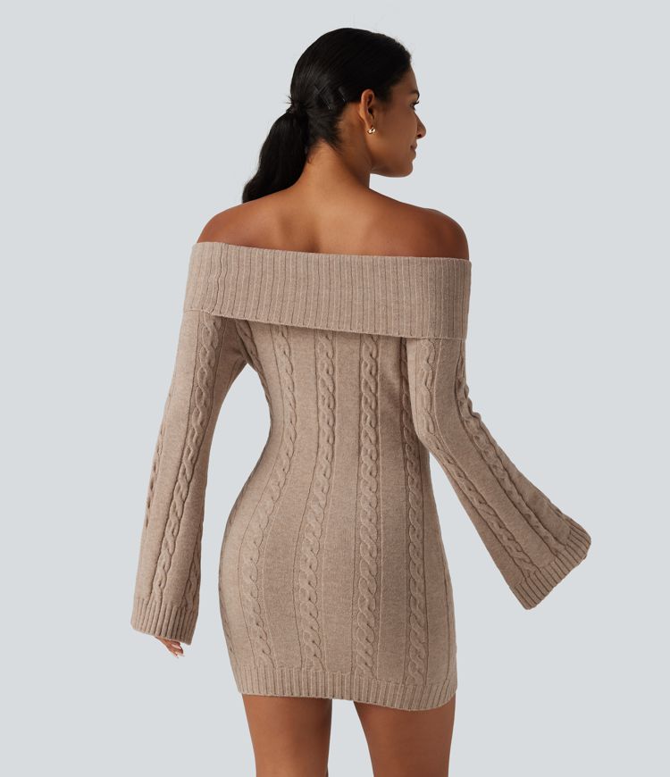 Off Shoulder Bell Long Sleeve Bodycon Mini Casual Sweater Dress