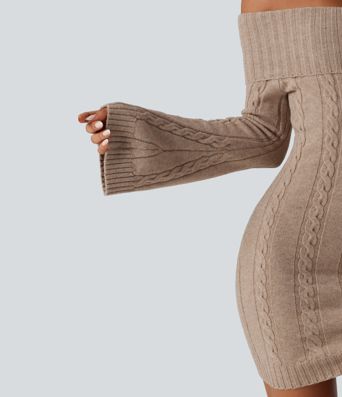 Off Shoulder Bell Long Sleeve Bodycon Mini Casual Sweater Dress