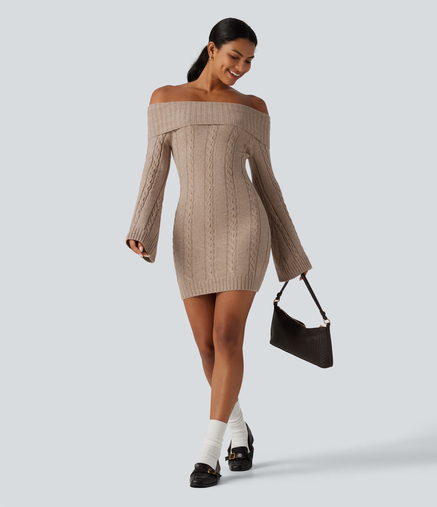 Off Shoulder Bell Long Sleeve Bodycon Mini Casual Sweater Dress
