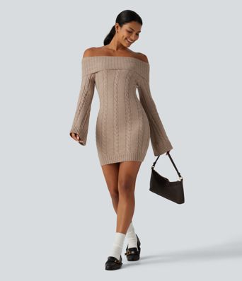 Off Shoulder Bell Long Sleeve Bodycon Mini Casual Sweater Dress