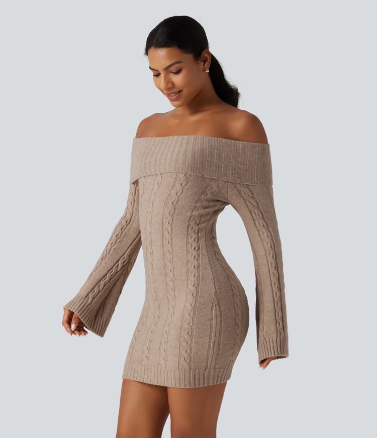 Off Shoulder Bell Long Sleeve Bodycon Mini Casual Sweater Dress