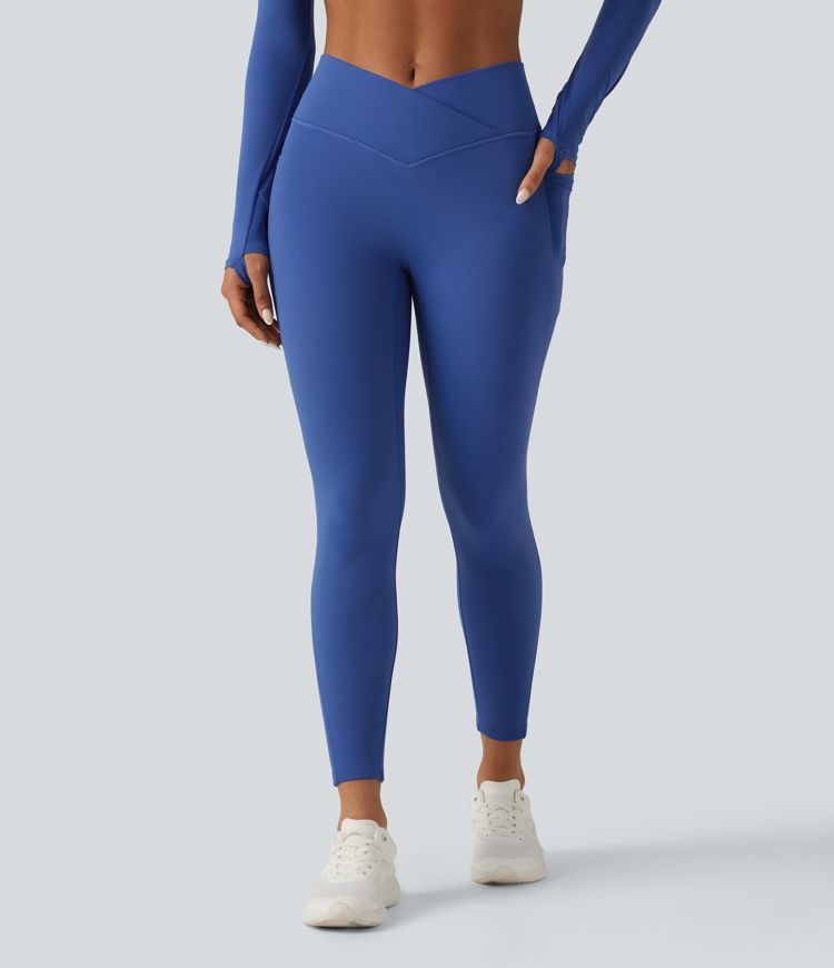 High Waisted Crossover Fleece Yoga Leggings with Pockets