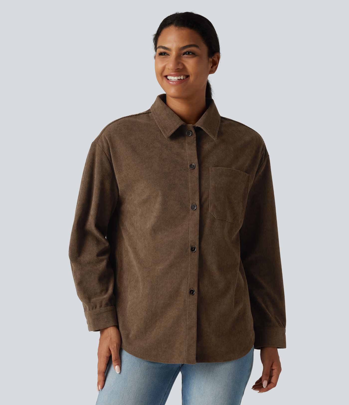 Long Sleeve Curved Hem Corduroy Casual Shirt Jacket with Pocket