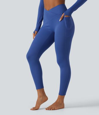 High Waisted Crossover Fleece Yoga Leggings with Pockets