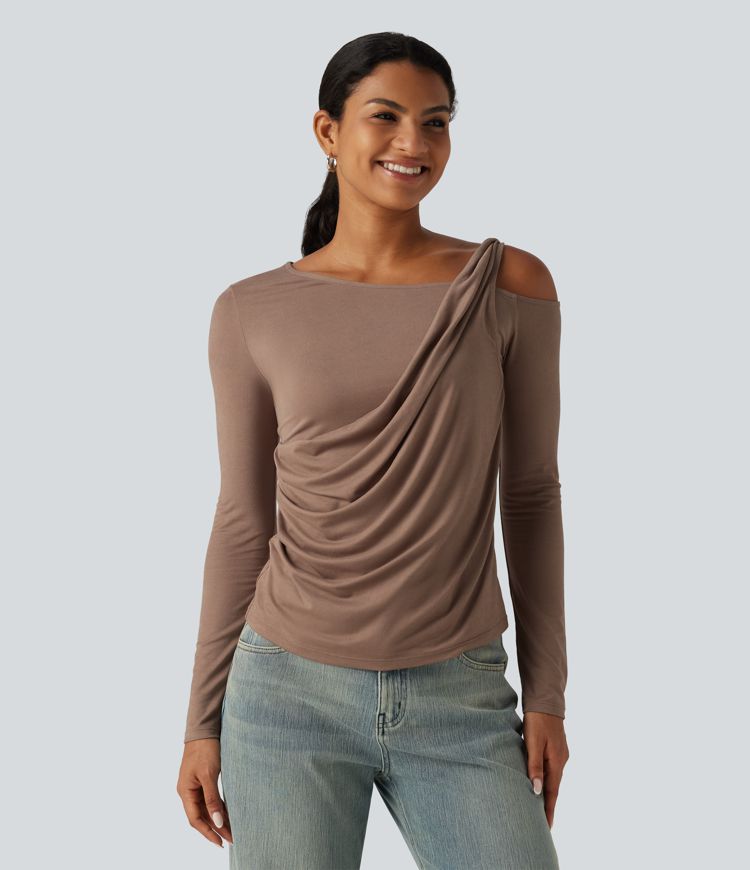 One Shoulder Long Sleeve Ruched Asymmetric Back Casual T-Shirt One Shoulder Long Sleeve Ruched Asymmetric Back Casual T-Shirt