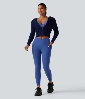 High Waisted Crossover Fleece Yoga Leggings with Pockets