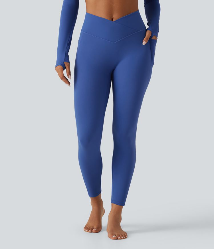 Leggings de yoga de forro polar de talle alto con cinturilla cruzada y bolsillos