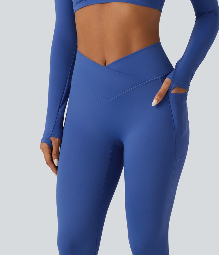 High Waisted Crossover Fleece Yoga Leggings with Pockets
