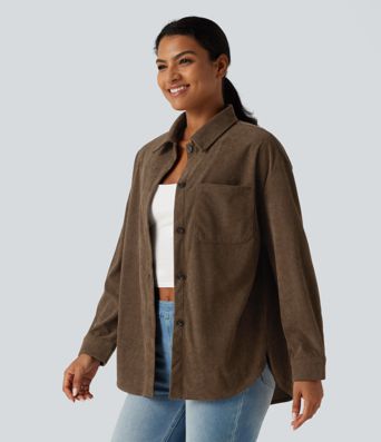 Long Sleeve Curved Hem Corduroy Casual Shirt Jacket with Pocket