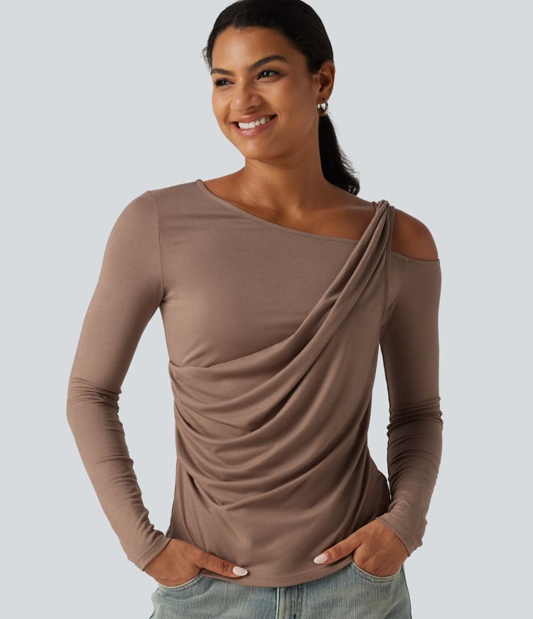 One Shoulder Long Sleeve Ruched Asymmetric Back Casual T-Shirt One Shoulder Long Sleeve Ruched Asymmetric Back Casual T-Shirt