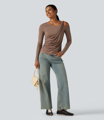 One Shoulder Long Sleeve Ruched Asymmetric Back Casual T-Shirt One Shoulder Long Sleeve Ruched Asymmetric Back Casual T-Shirt