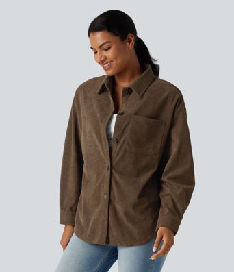Long Sleeve Curved Hem Corduroy Casual Shirt Jacket with Pocket