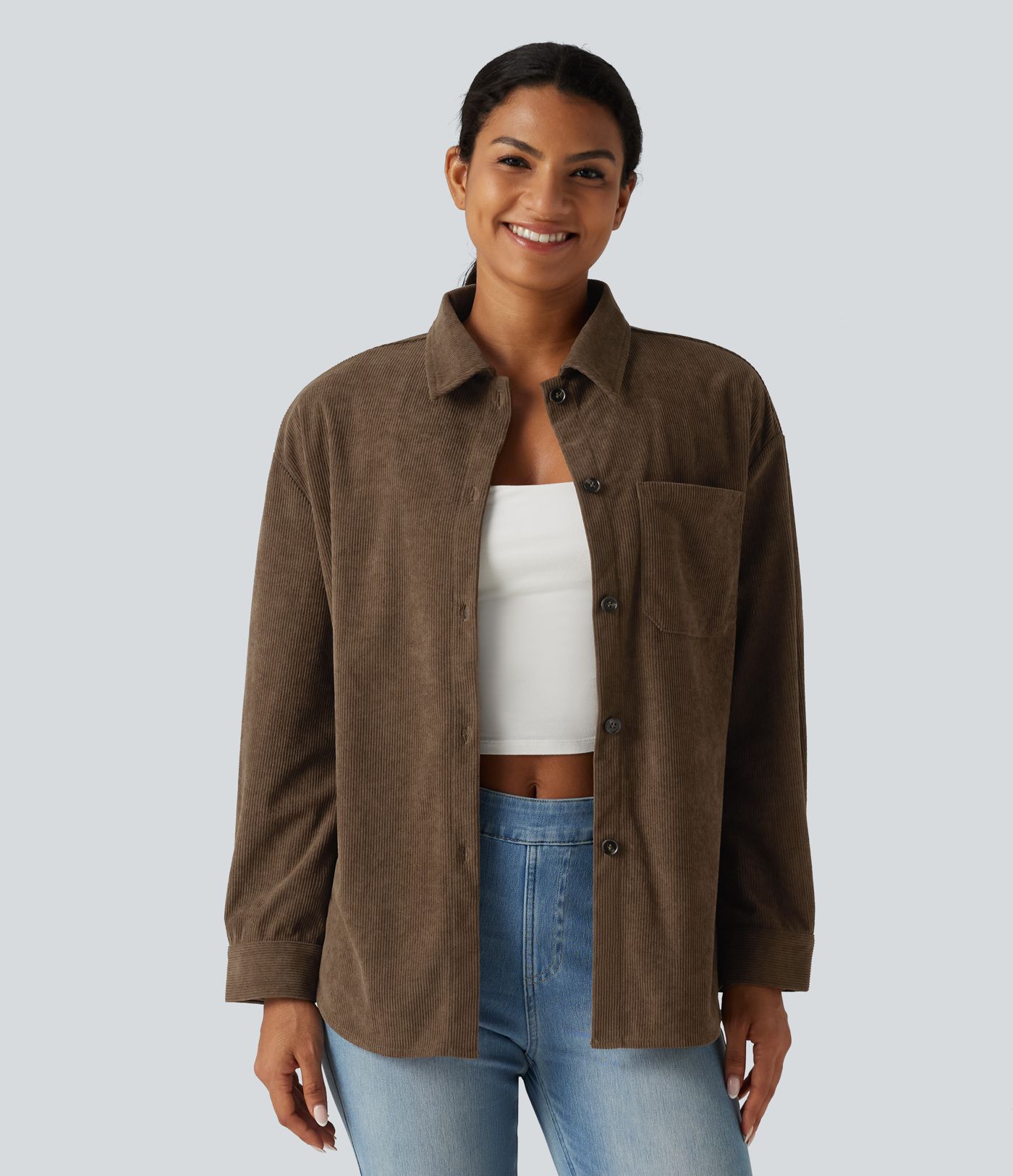Long Sleeve Curved Hem Corduroy Casual Shirt Jacket with Pocket