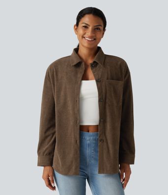 Long Sleeve Curved Hem Corduroy Casual Shirt Jacket with Pocket