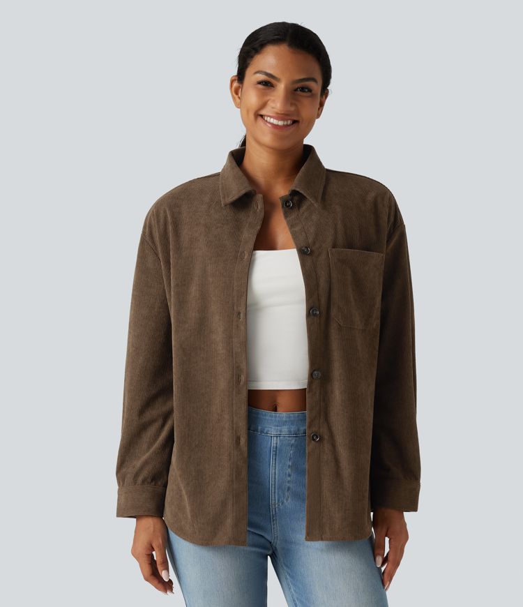 Long Sleeve Curved Hem Corduroy Casual Shirt Jacket with Pocket