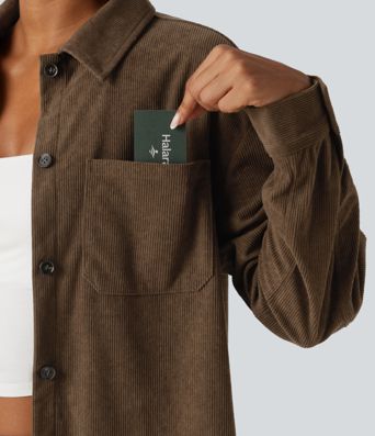 Long Sleeve Curved Hem Corduroy Casual Shirt Jacket with Pocket