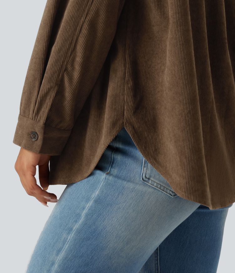 Long Sleeve Curved Hem Corduroy Casual Shirt Jacket with Pocket