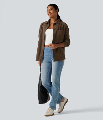 Long Sleeve Curved Hem Corduroy Casual Shirt Jacket with Pocket