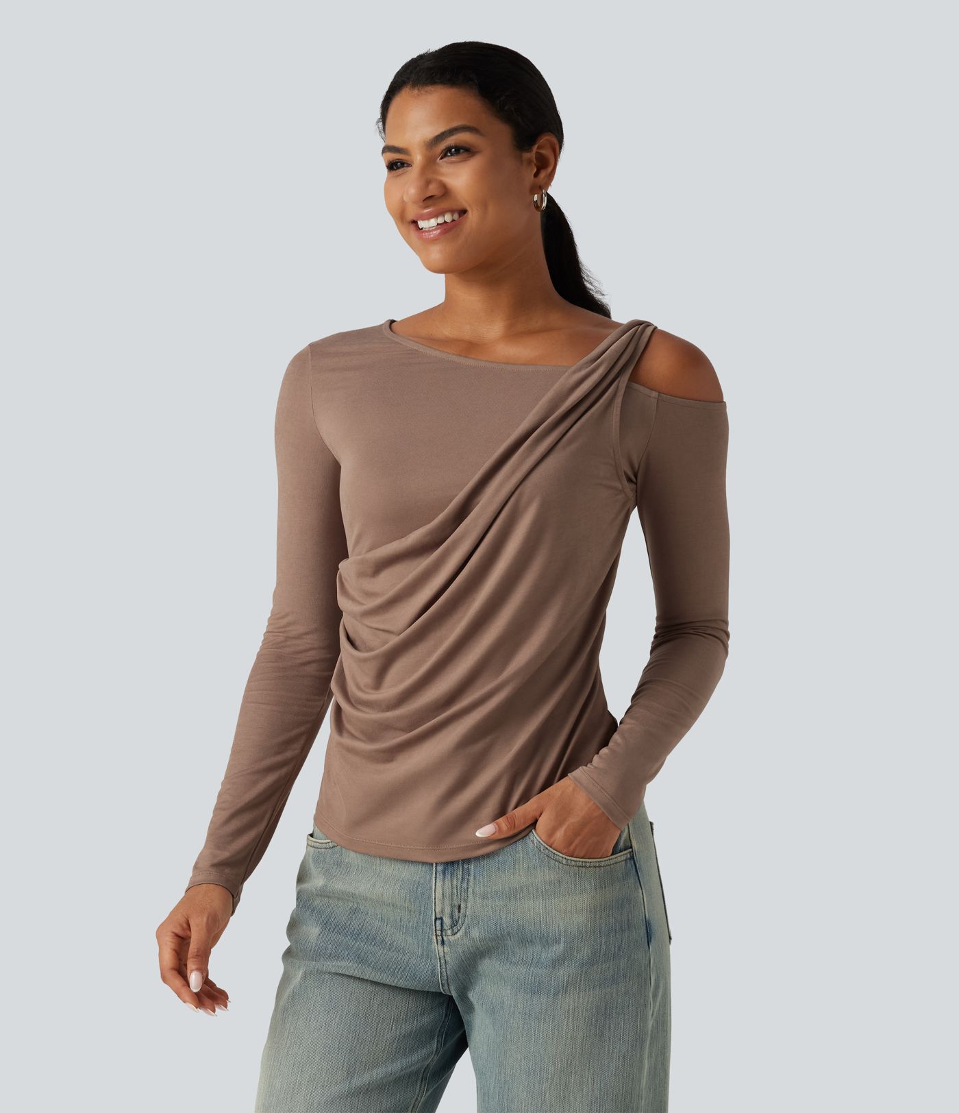 One Shoulder Long Sleeve Ruched Asymmetric Back Casual T-Shirt One Shoulder Long Sleeve Ruched Asymmetric Back Casual T-Shirt