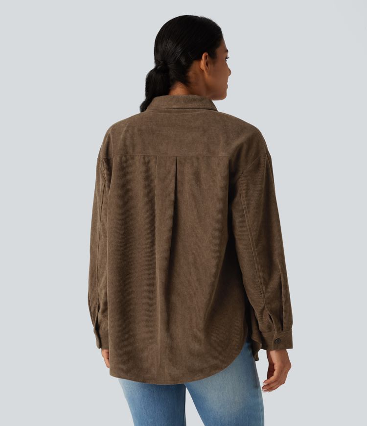 Long Sleeve Curved Hem Corduroy Casual Shirt Jacket with Pocket
