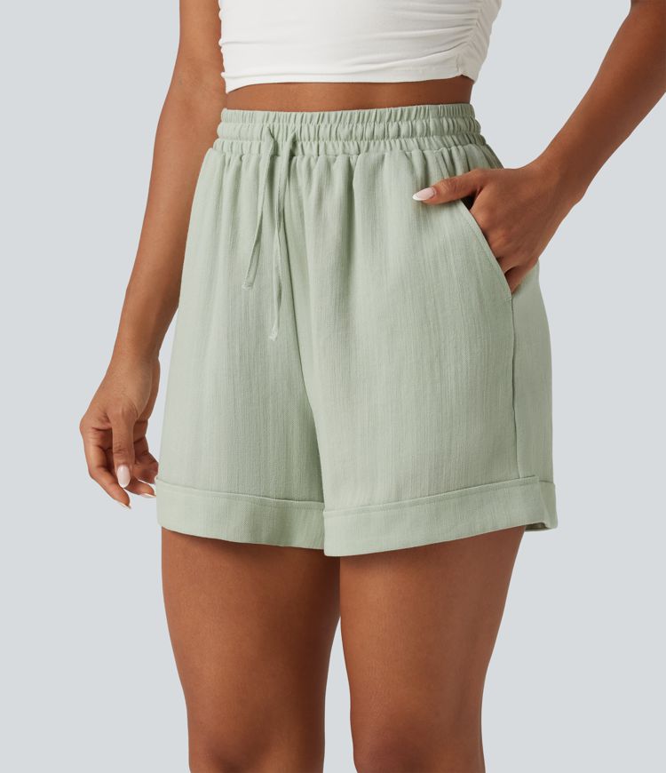 Short effet lin 13 cm taille haute à cordon avec ourlet retroussé et poches